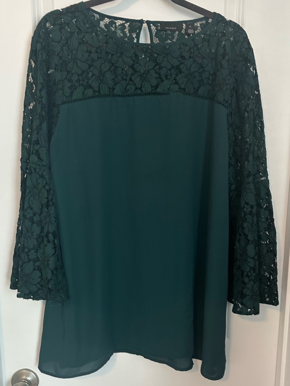 Halogen Dark Green Lace Yoke Bell Sleeve Blouse